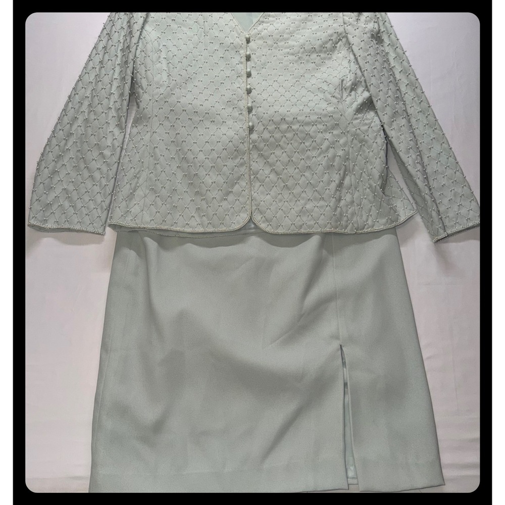 Vinntage Morgan Miller Skirt Suit 14 Lt Blue Beaded V-Neck Formal Church Wedding